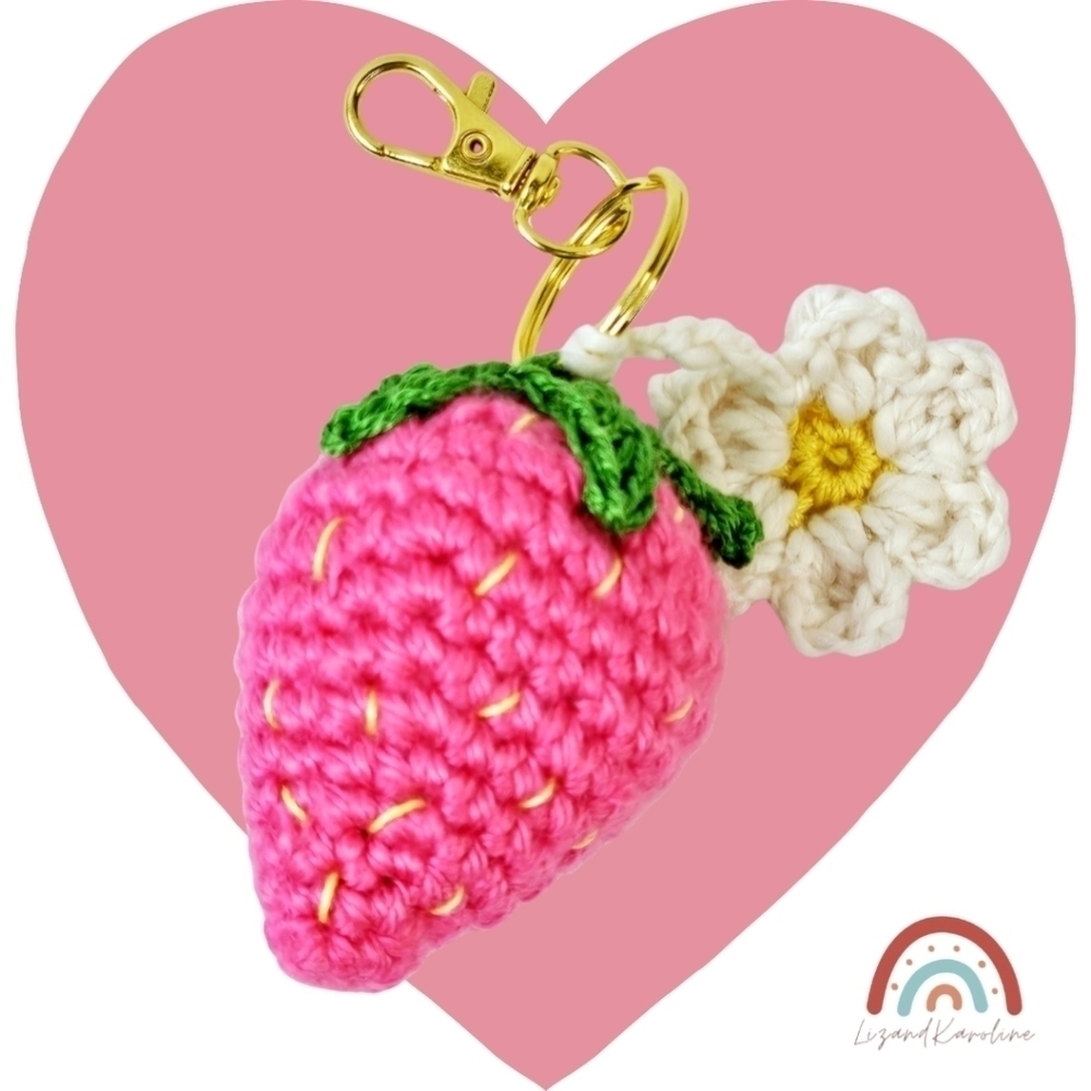 New! Handmade Crochet Pink Strawberry Flower Keychain Bag Charm